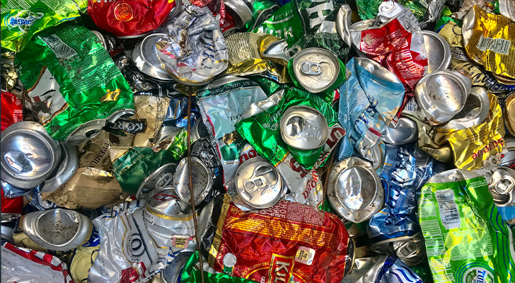 Recyclingwunder: Zerquetschte Getränkedosen in verschiedenen Farben, bereit fürs Recycling.