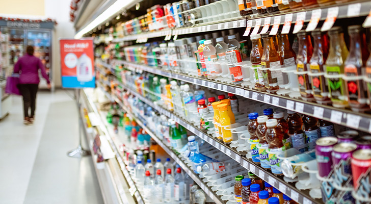 Regale mit Dosen und Flaschen im Kühlregal eines  Supermarktes
